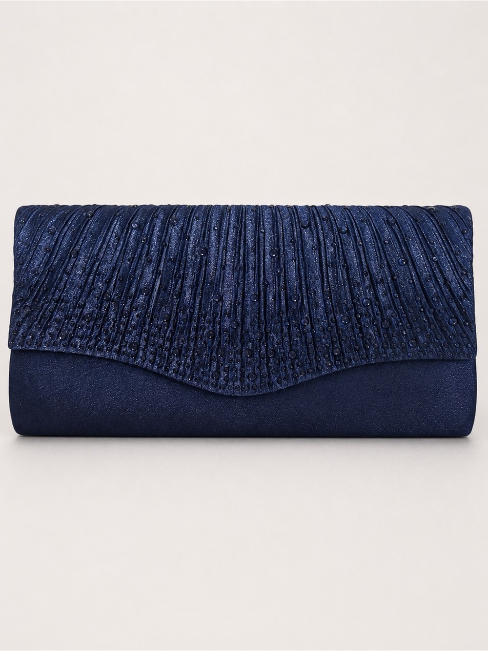 Navy Blue Satin Rhinestone Evening Clutch with Chain Strap